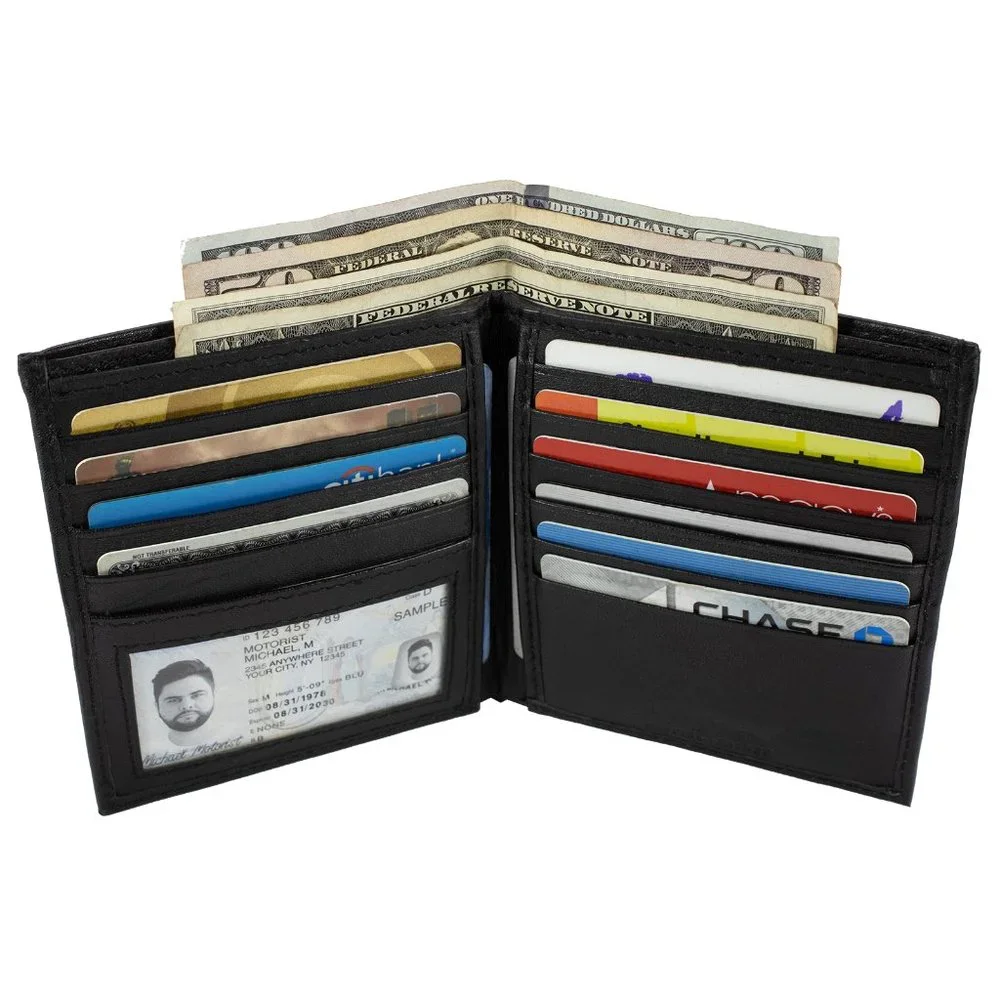 Men Lambskin Leather Long Wallet with Multi Card Holder, Black
